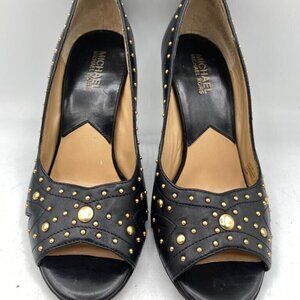Michael Kors Size 7 M Peep Toe Sandals Cut Out Gold Studded Black Leather